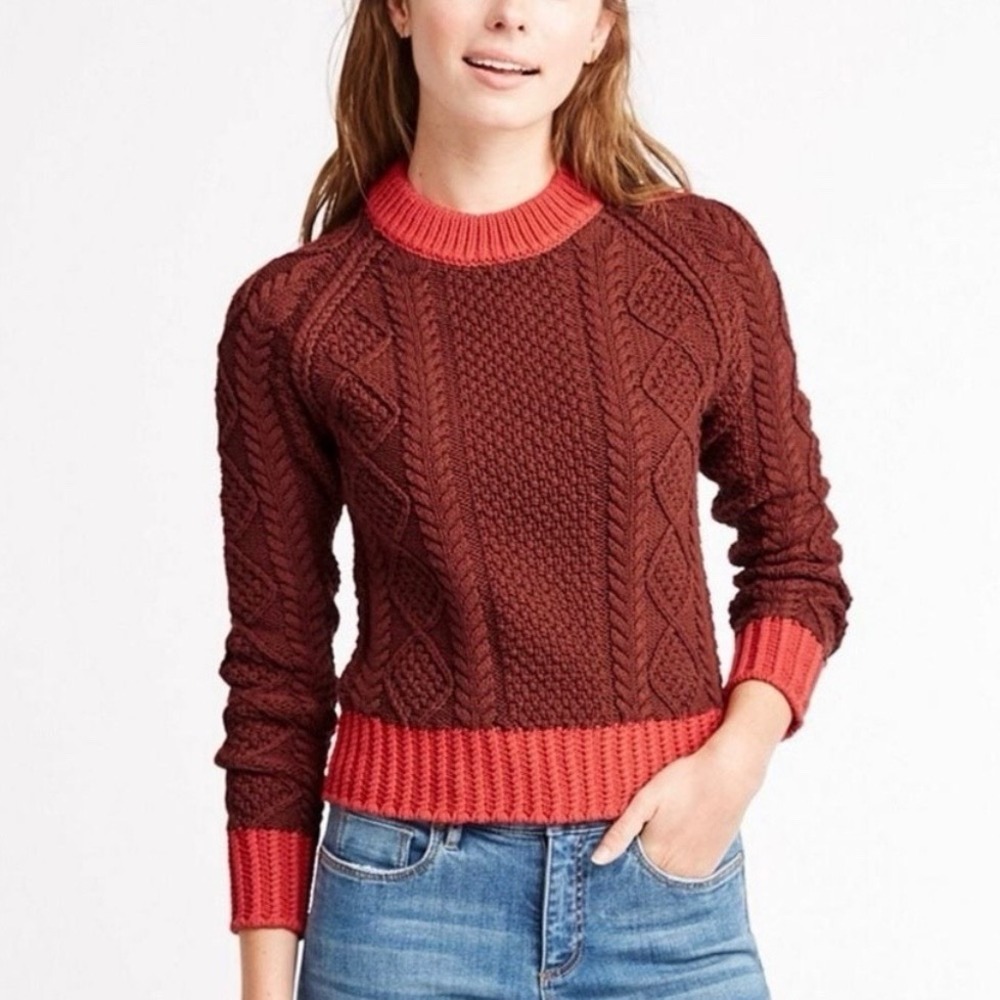 LL Bean Signature Red Cotton Fisherman Cable Chunky Knit Sweater Pullover LARGE‎
